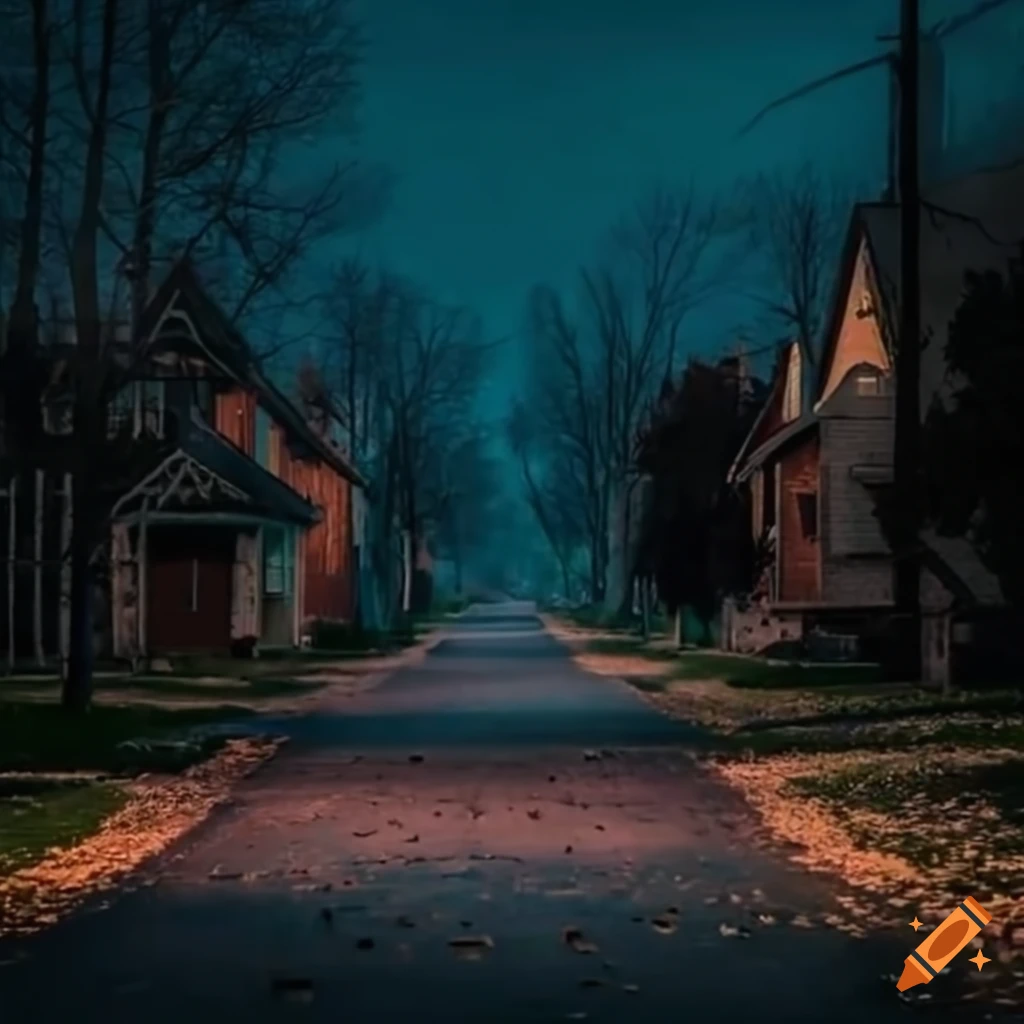 Eerie American suburban street with houses in disrepair at night on Craiyon