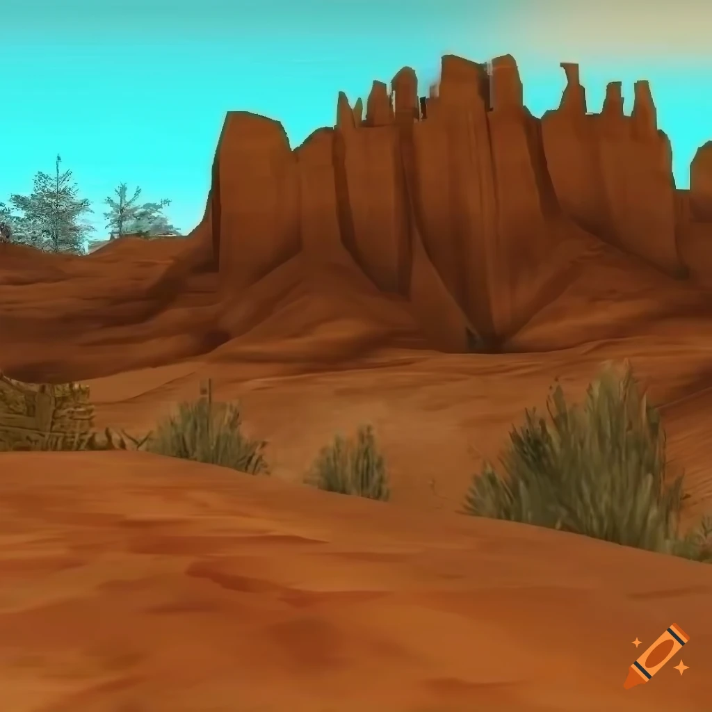 Desert canyon in GTA San Andreas with 3D graphics art style