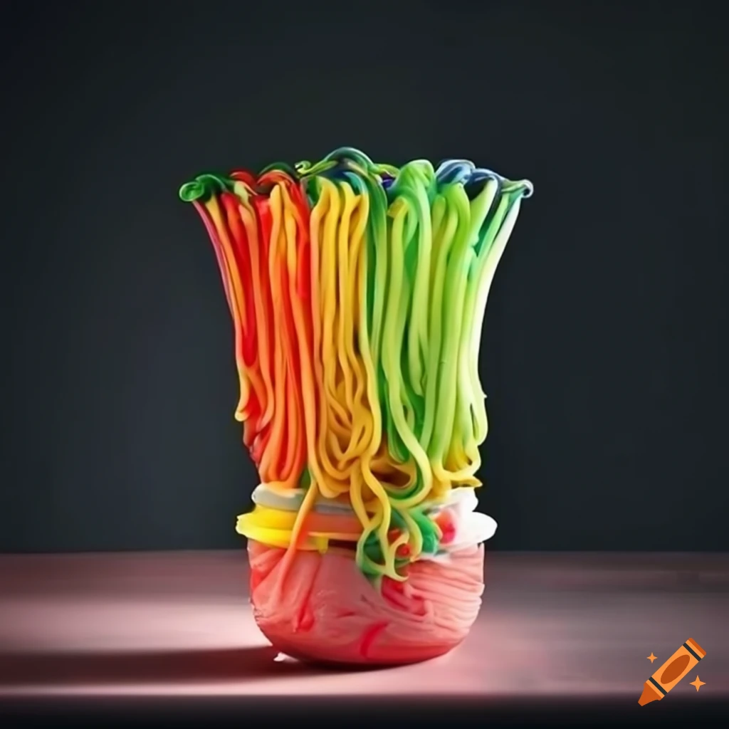 Colorful rainbow noodles in a pan from the front view