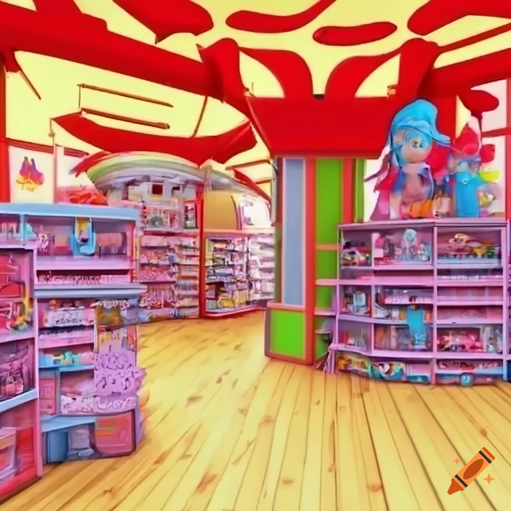 Interior of a toy store in 3D anime art style