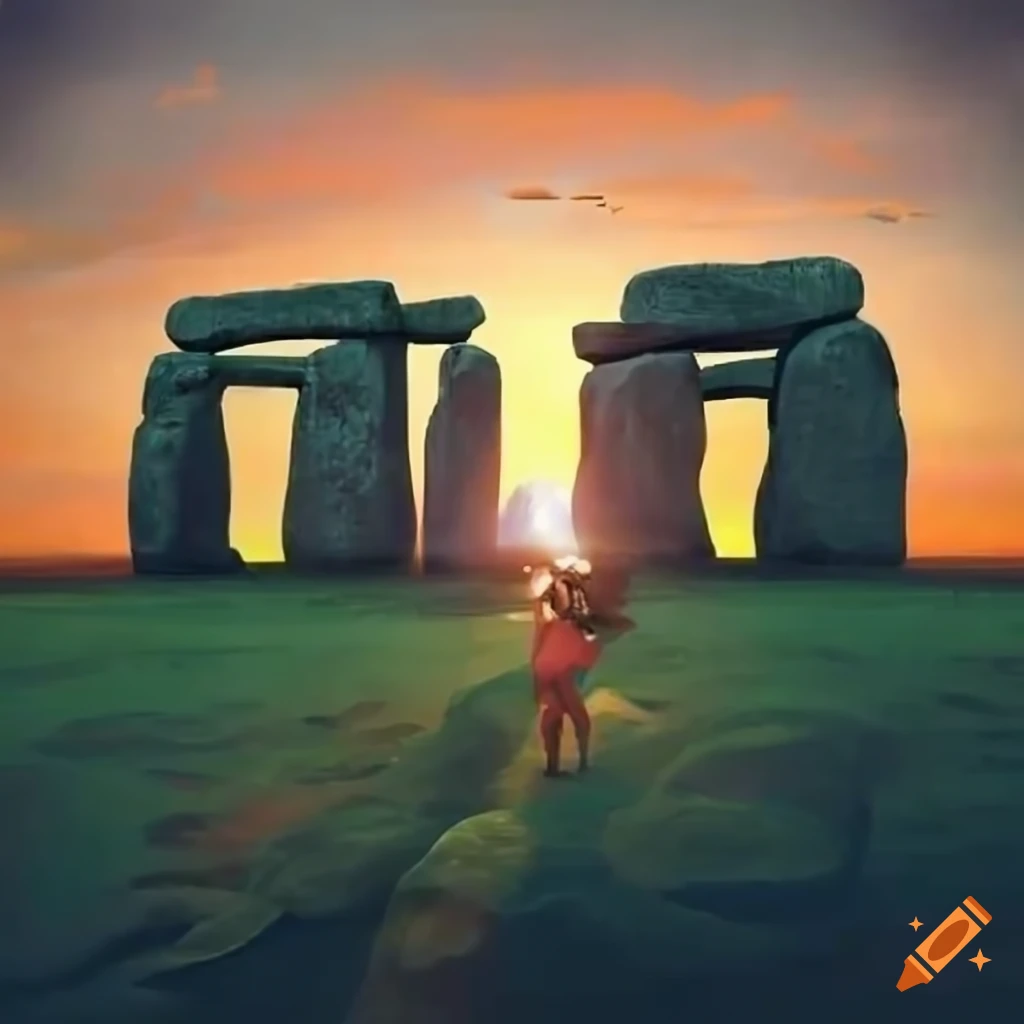 Garden of Eden with a massive stone megalith resembling Stonehenge