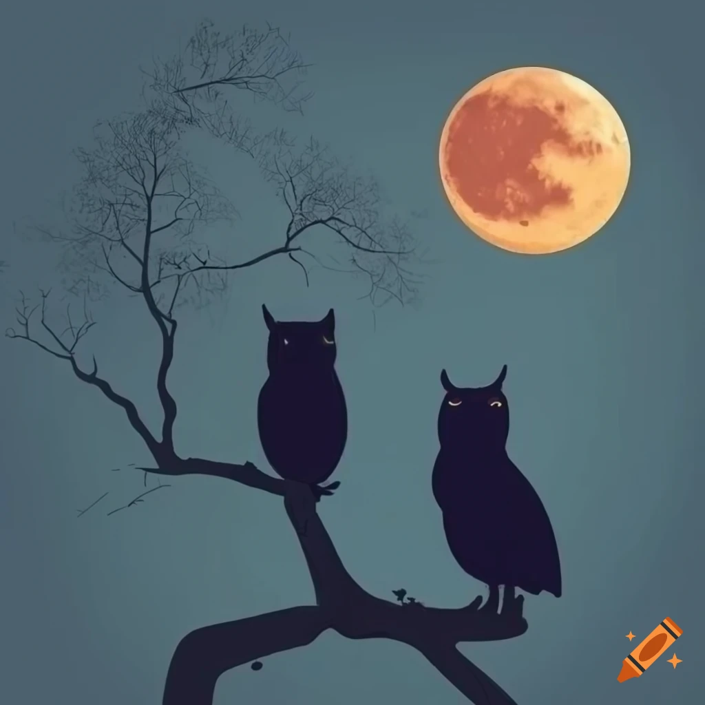 Silhouette of a tree with two owls wearing red sunglasses and marine captain hats on its branches under the moon