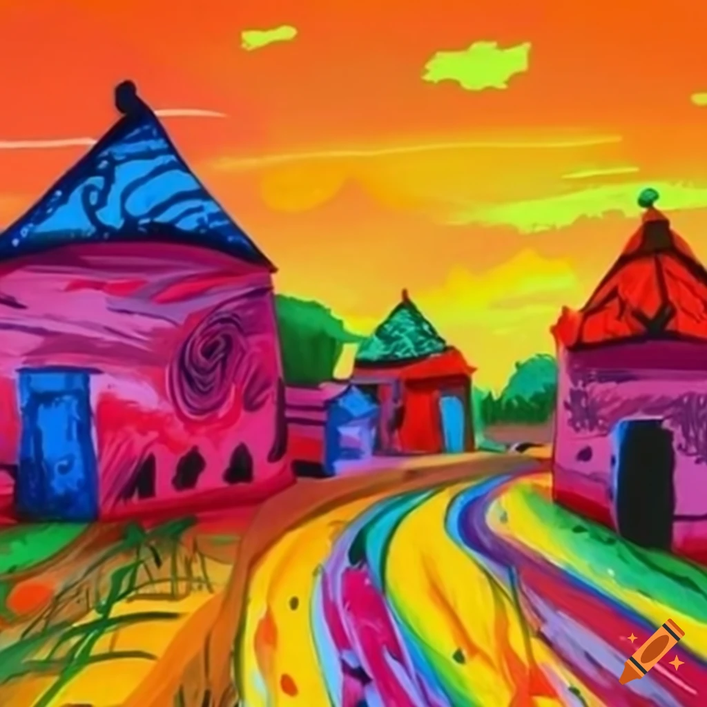 Vibrant painting of an African village scene