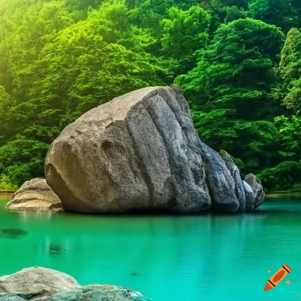 Stunning landscape with granite boulder, lush greenery, and crystal-clear water