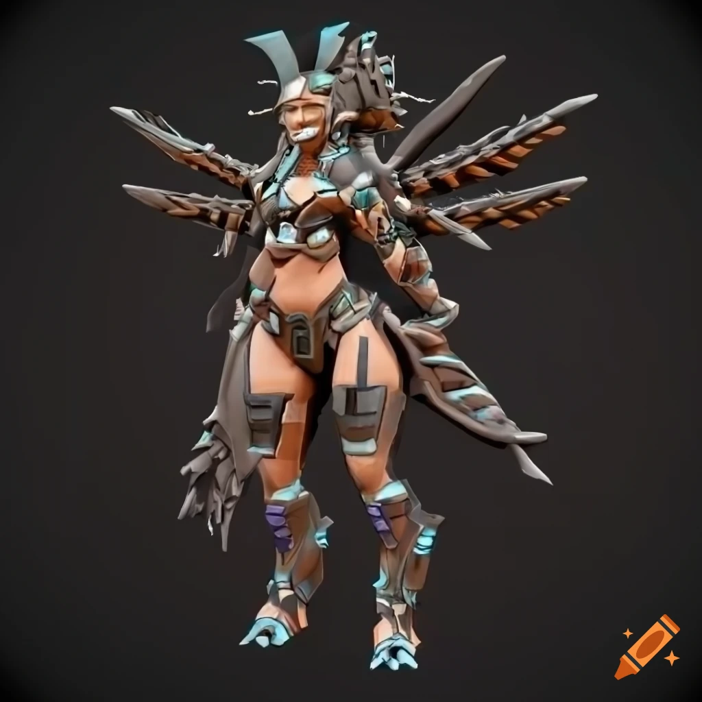 Stylized cybernetic Aztec shark Valkyrie