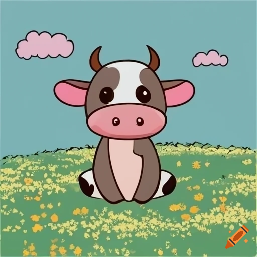 Cute anime cow sitting in a meadow