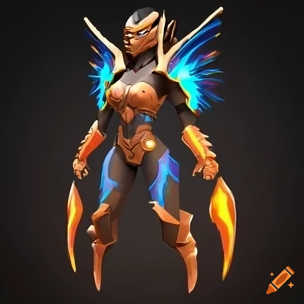 Stylized valkyrie power armor design with a rainbow plasma phoenix theme