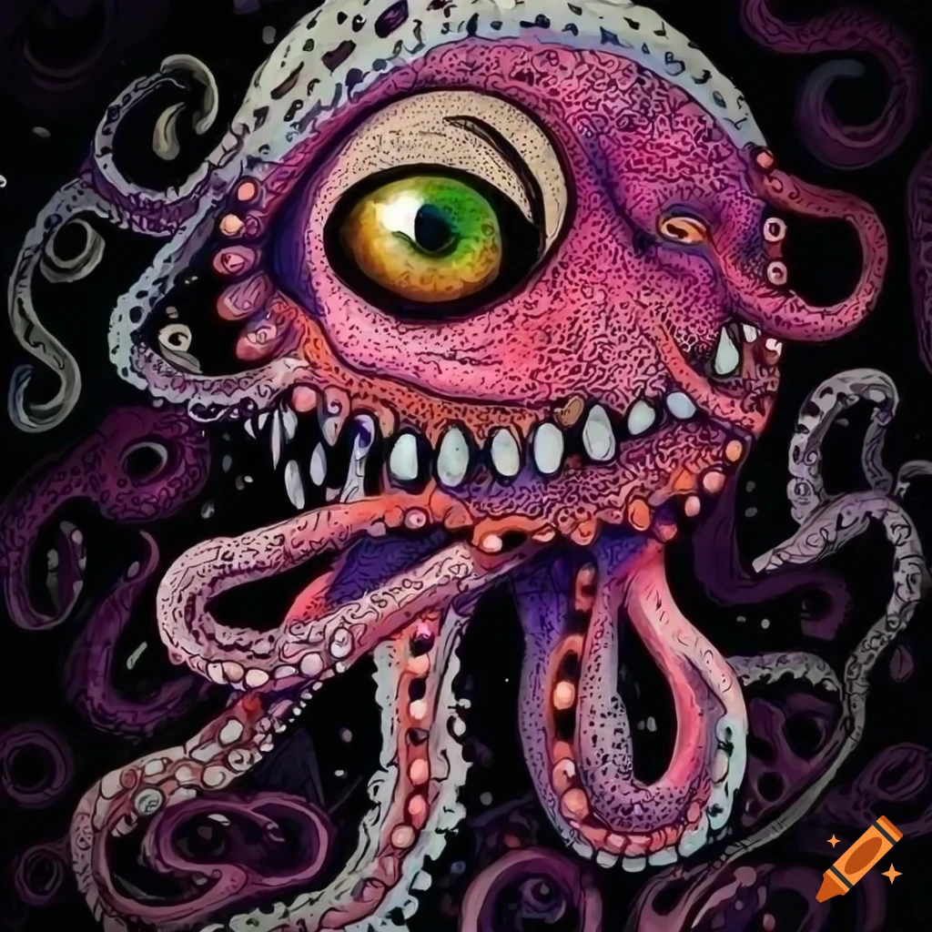 Doodle art of an octopus alien monster with multiple eyes and a big tongue
