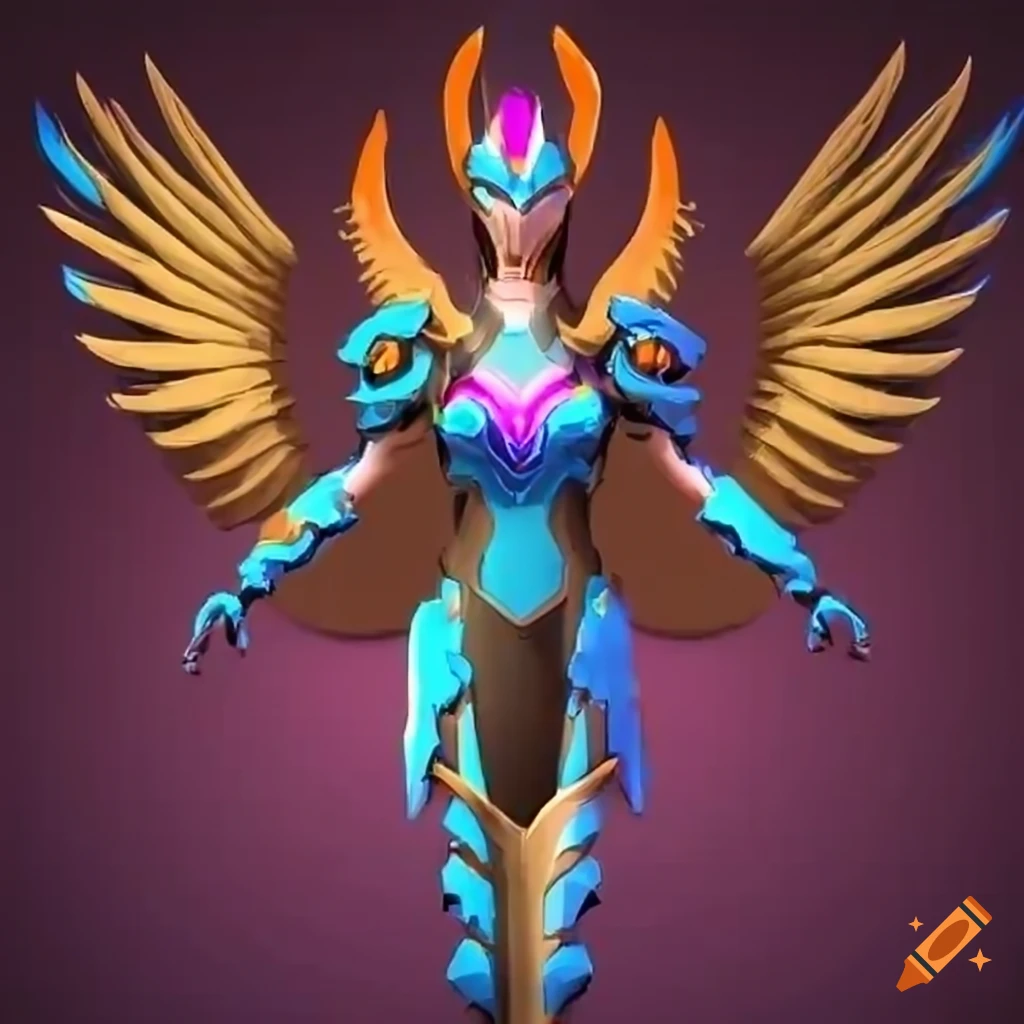 Stylized valkyrie power armor design with a rainbow plasma phoenix theme