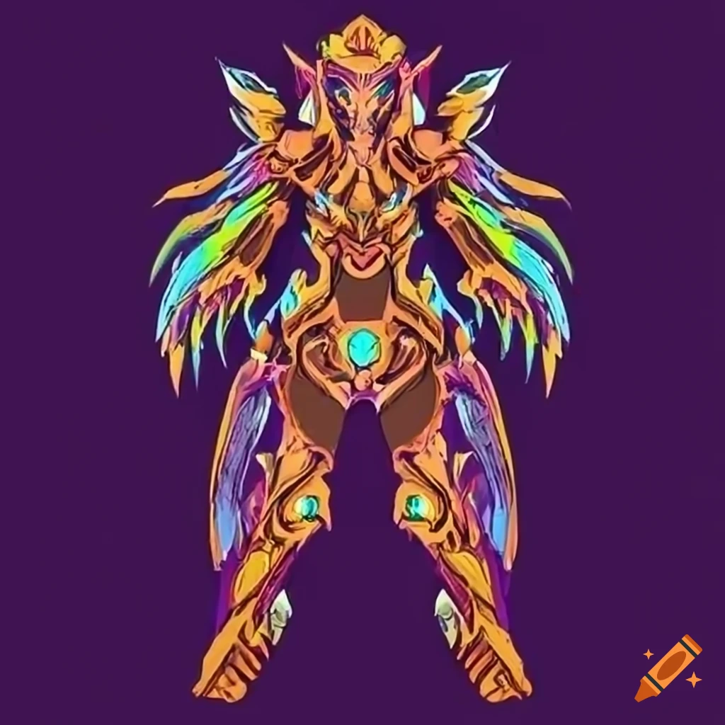 Stylized valkyrie power armor design with a rainbow plasma phoenix theme
