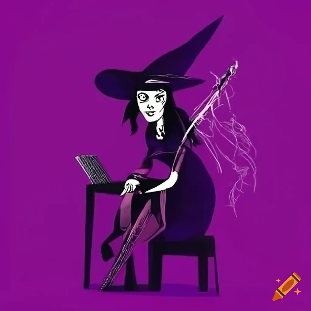 Witch in an office with purple and pink background