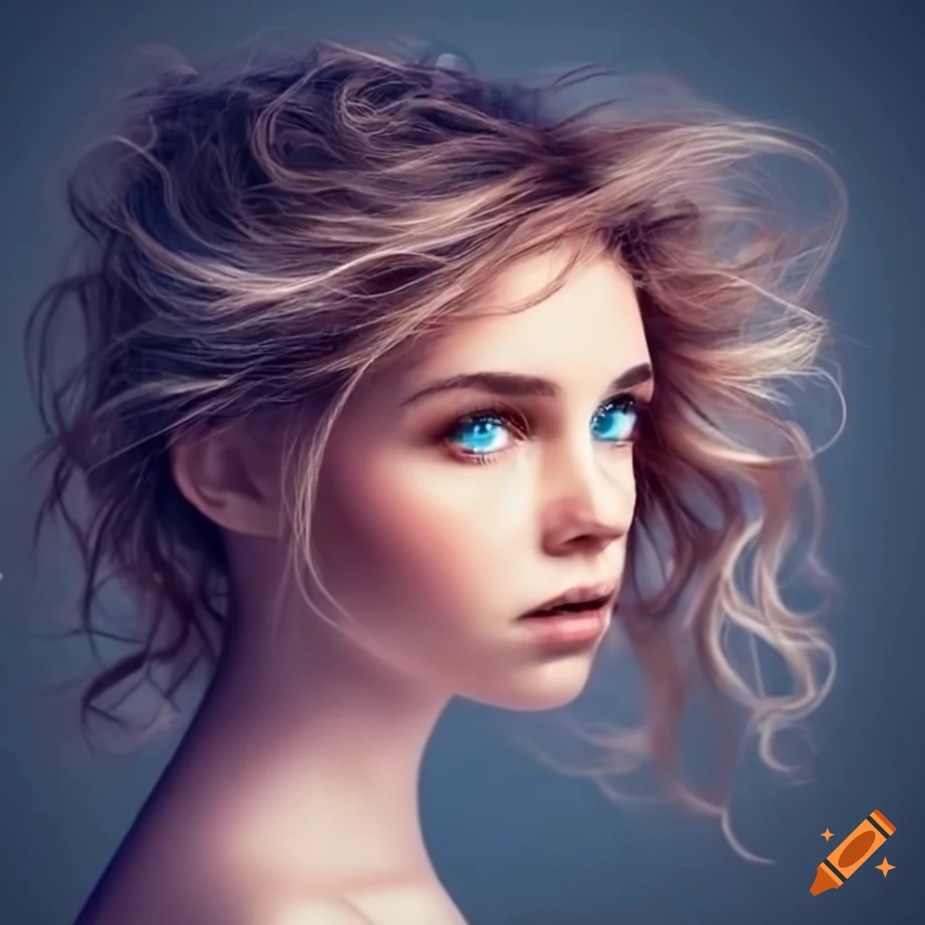 Woman with blue eyes and a mischievous expression under a breeze