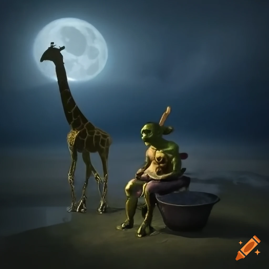Goblin eating oatmeal riding a giraffe under a full moon and thunderstorm