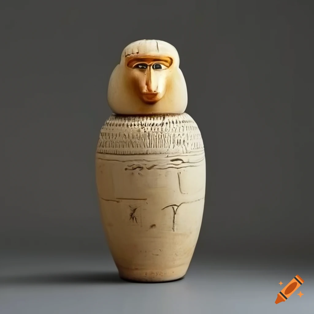 Ancient Egyptian baboon Canopic Jar intricately adorned with hieroglyphs