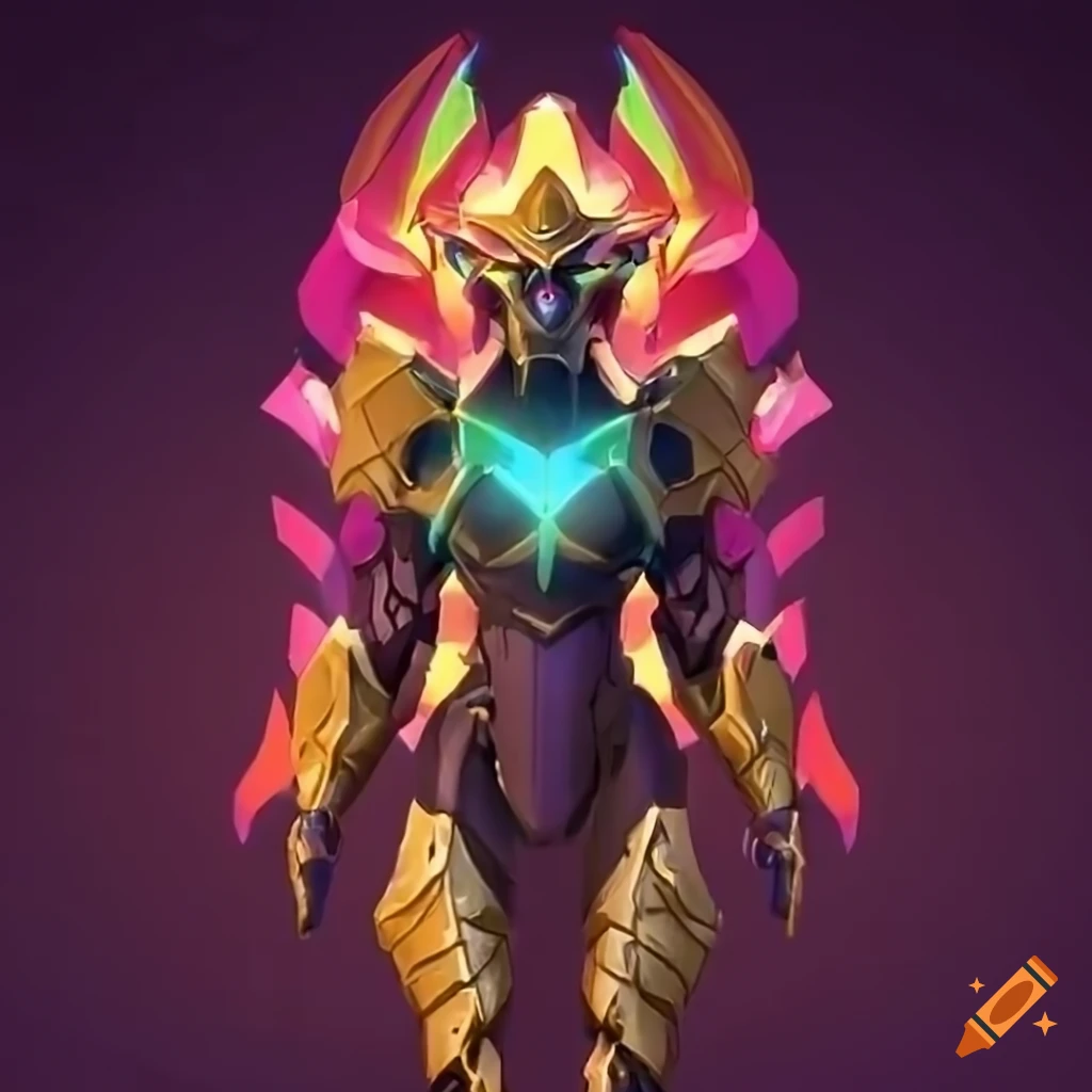 Stylized valkyrie power armor with rainbow plasma phoenix design