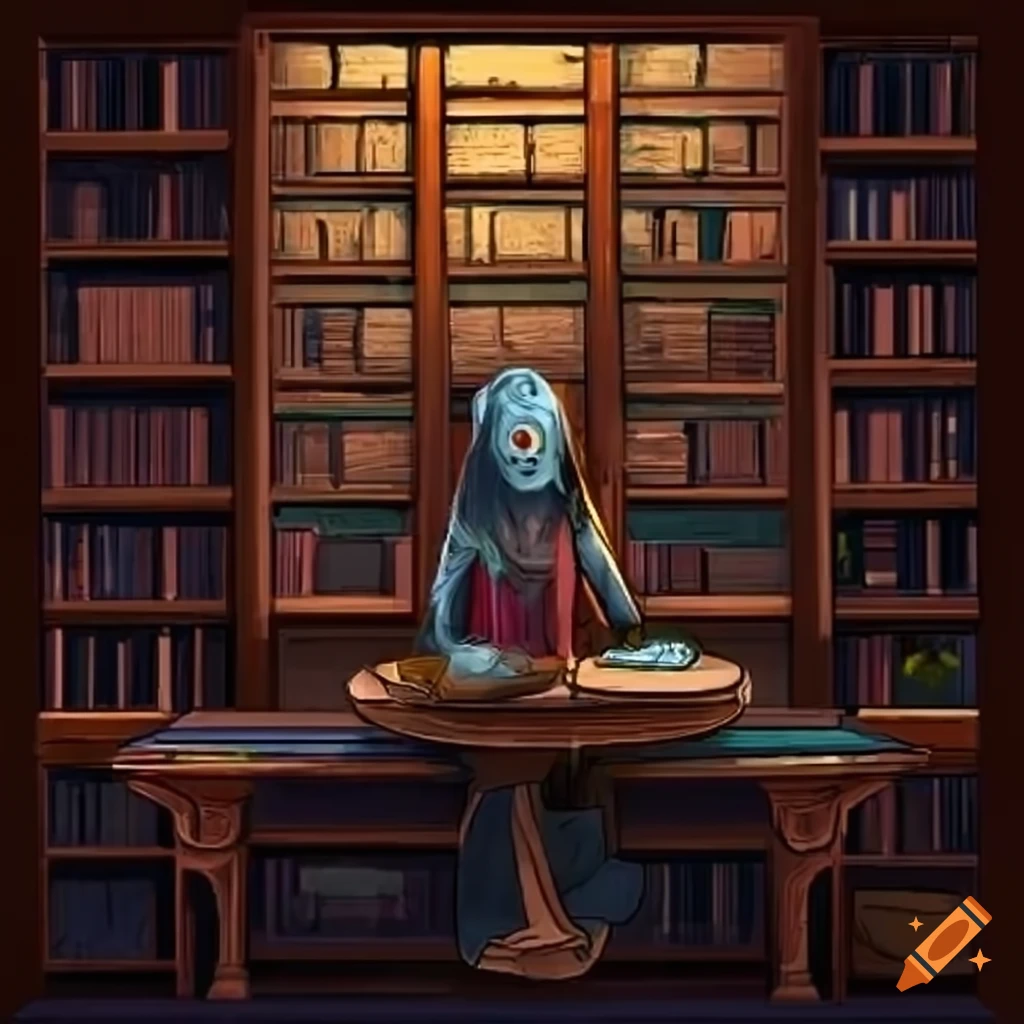 Fantasy library with tall bookshelves and a chained ghost librarian