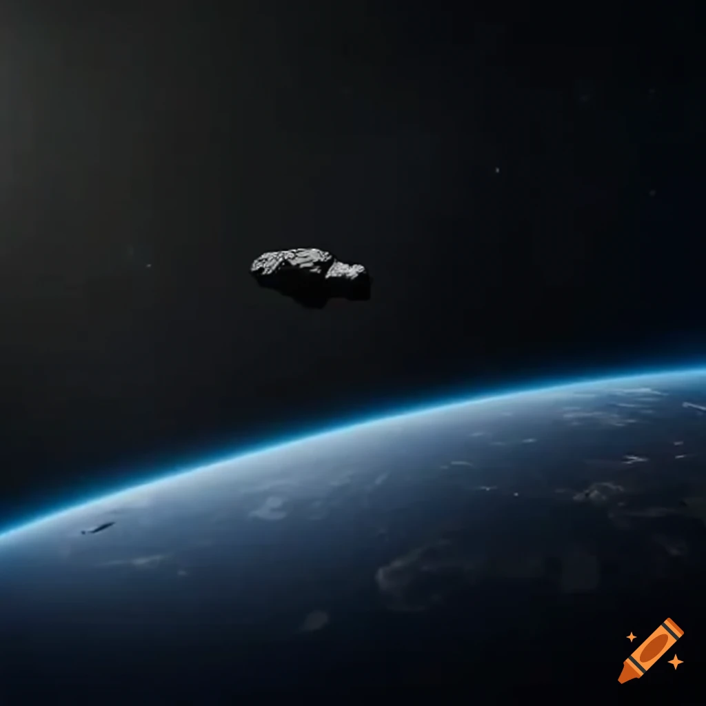 Rocket ship maneuvering through an asteroid belt in space