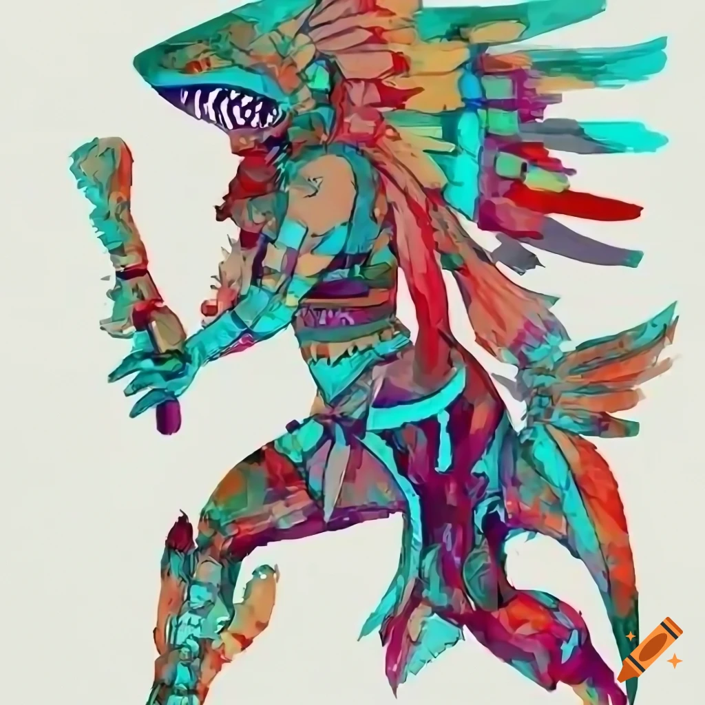Stylized cybernetic Aztec shark valkyrie
