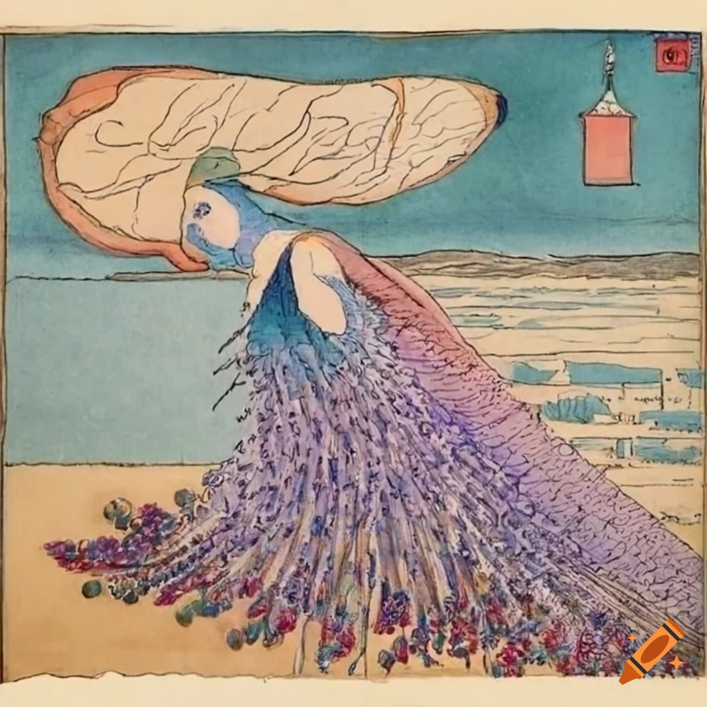 Ethereal peacocks in a lavender field on ancient paper