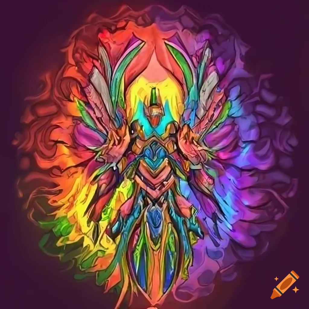 Stylized valkyrie power armor design with rainbow plasma phoenix theme