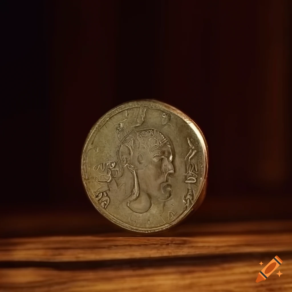 Vintage Greek coins on antique wooden table under natural light