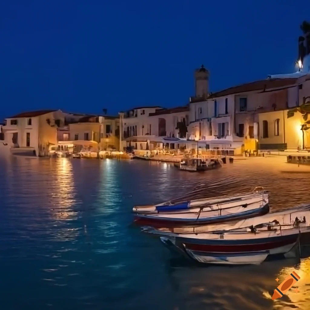 Fishing port in a Mediterranean village at evening with bars and restaurants
