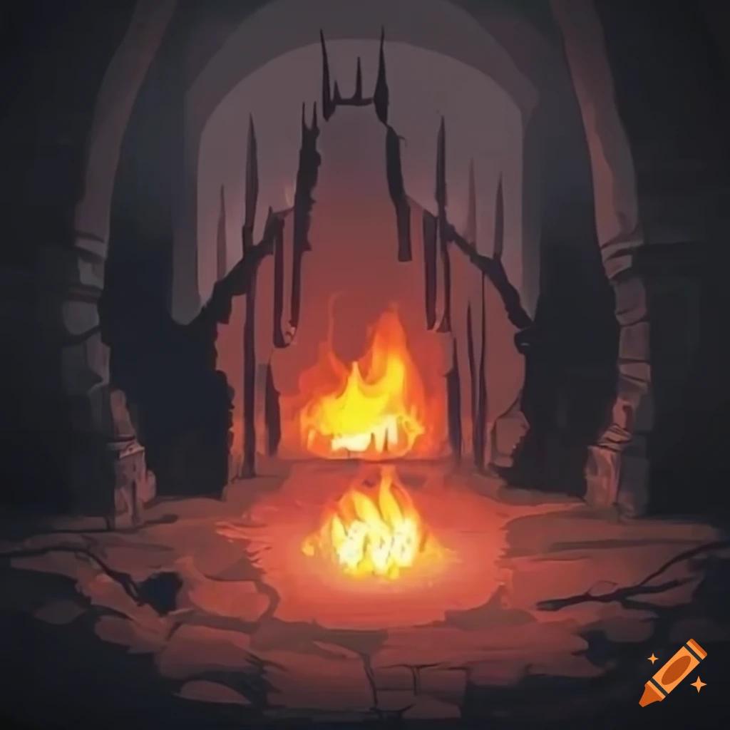 Dungeon scene with flickering fire and lurking shadows