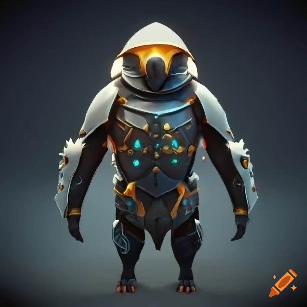 Stylized cybernetic penguin armor with norse design