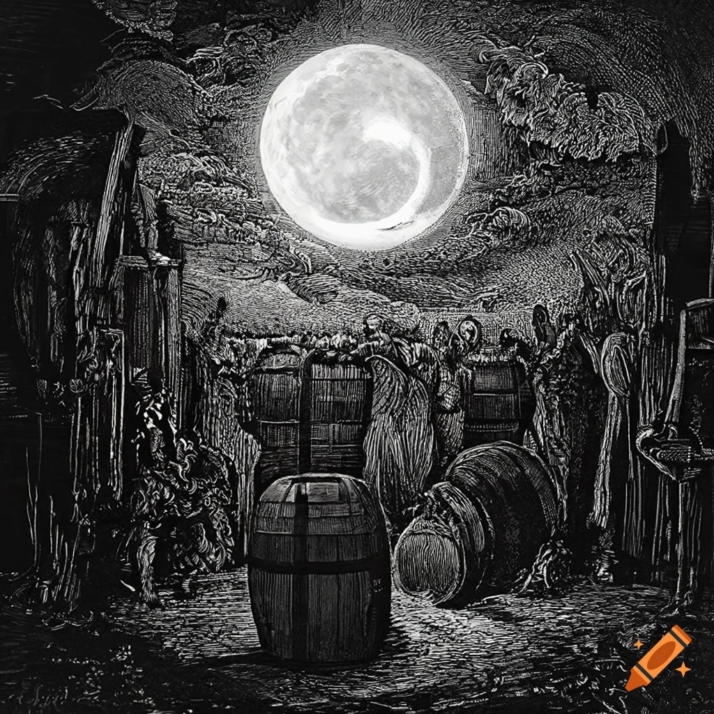 Intricate black and white woodcut etching of mythical pub setting by moonlit sky with ornate woodcarvings and barrels
