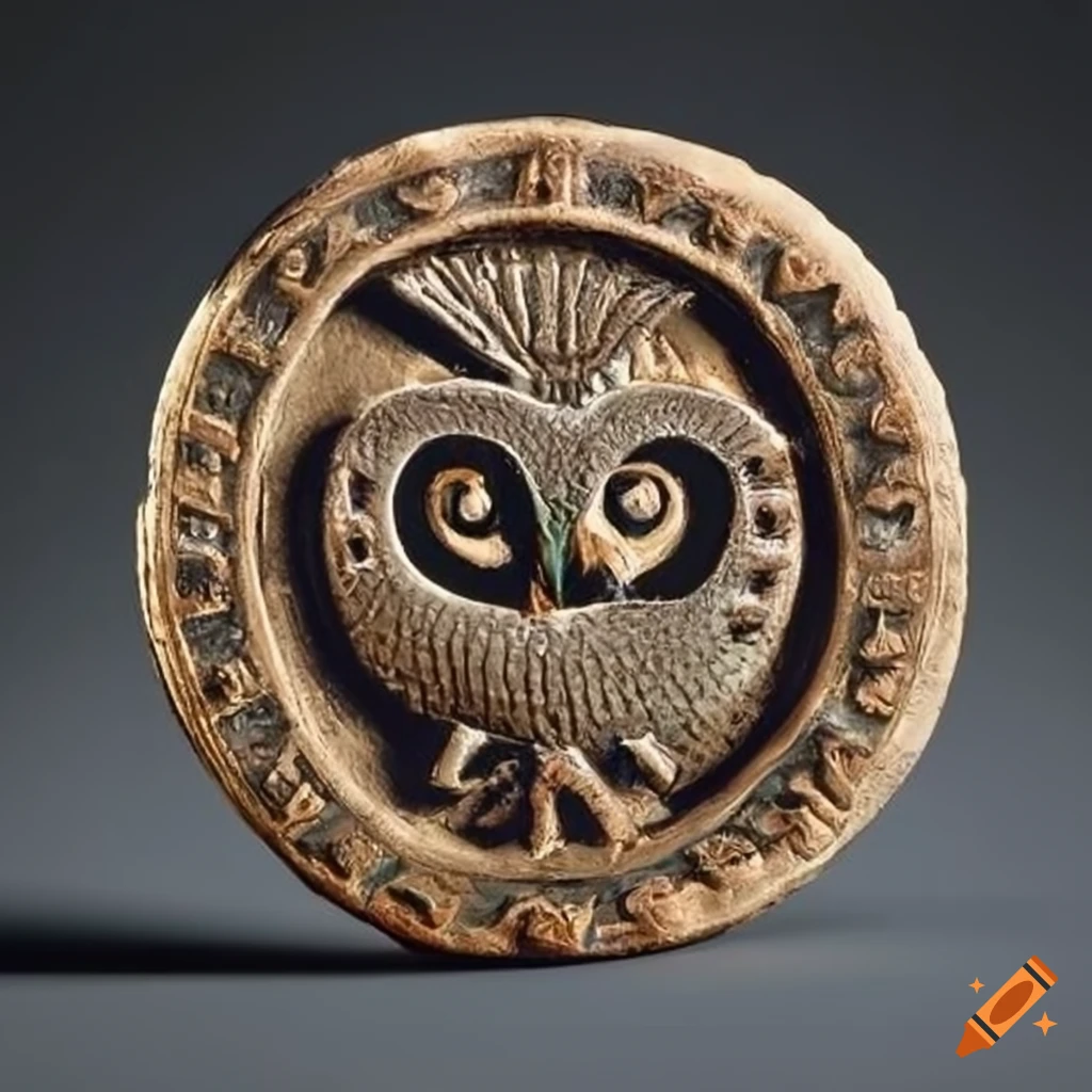 Intricately-designed ancient coin with an owl emblem
