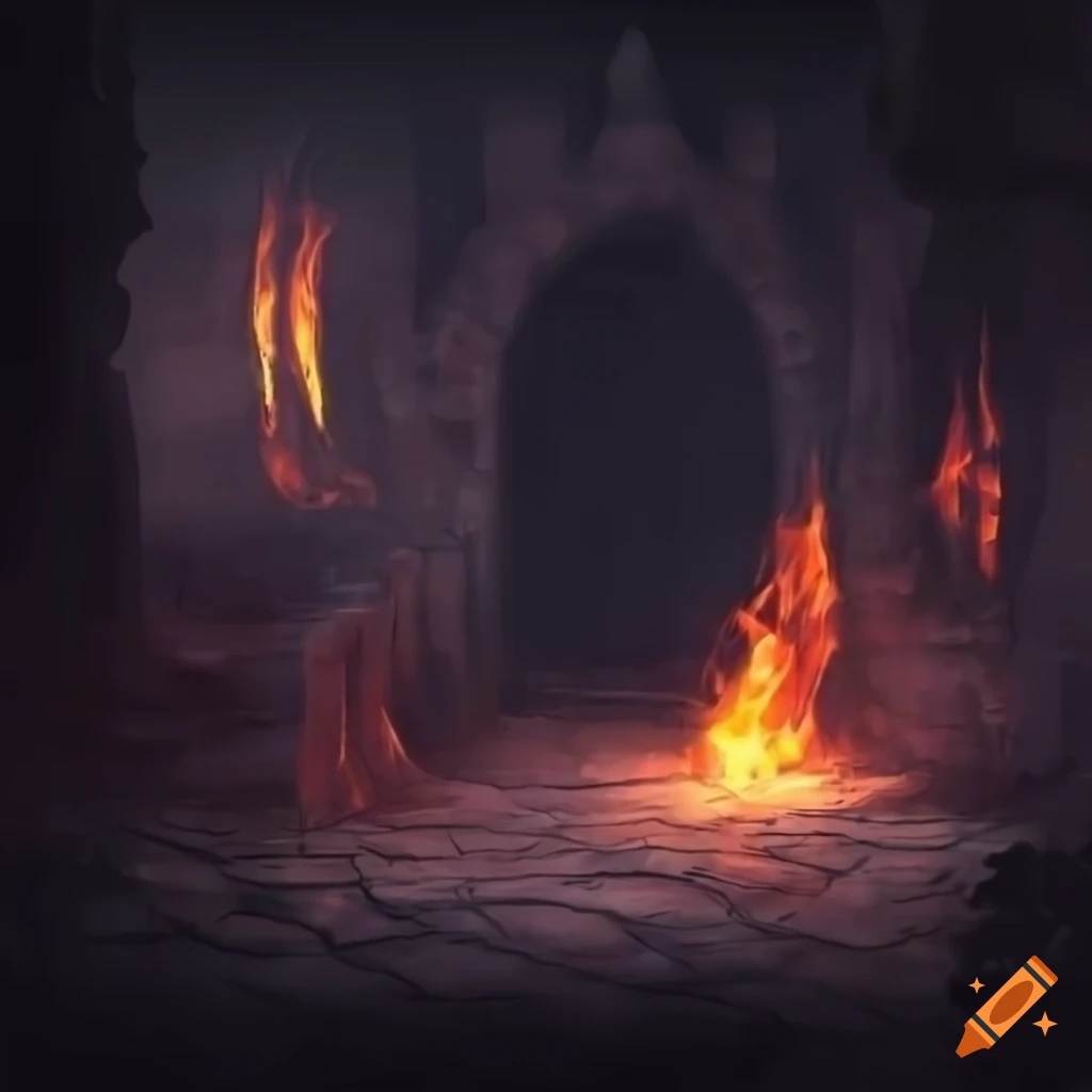 Dungeon scene with flickering fire and lurking shadows