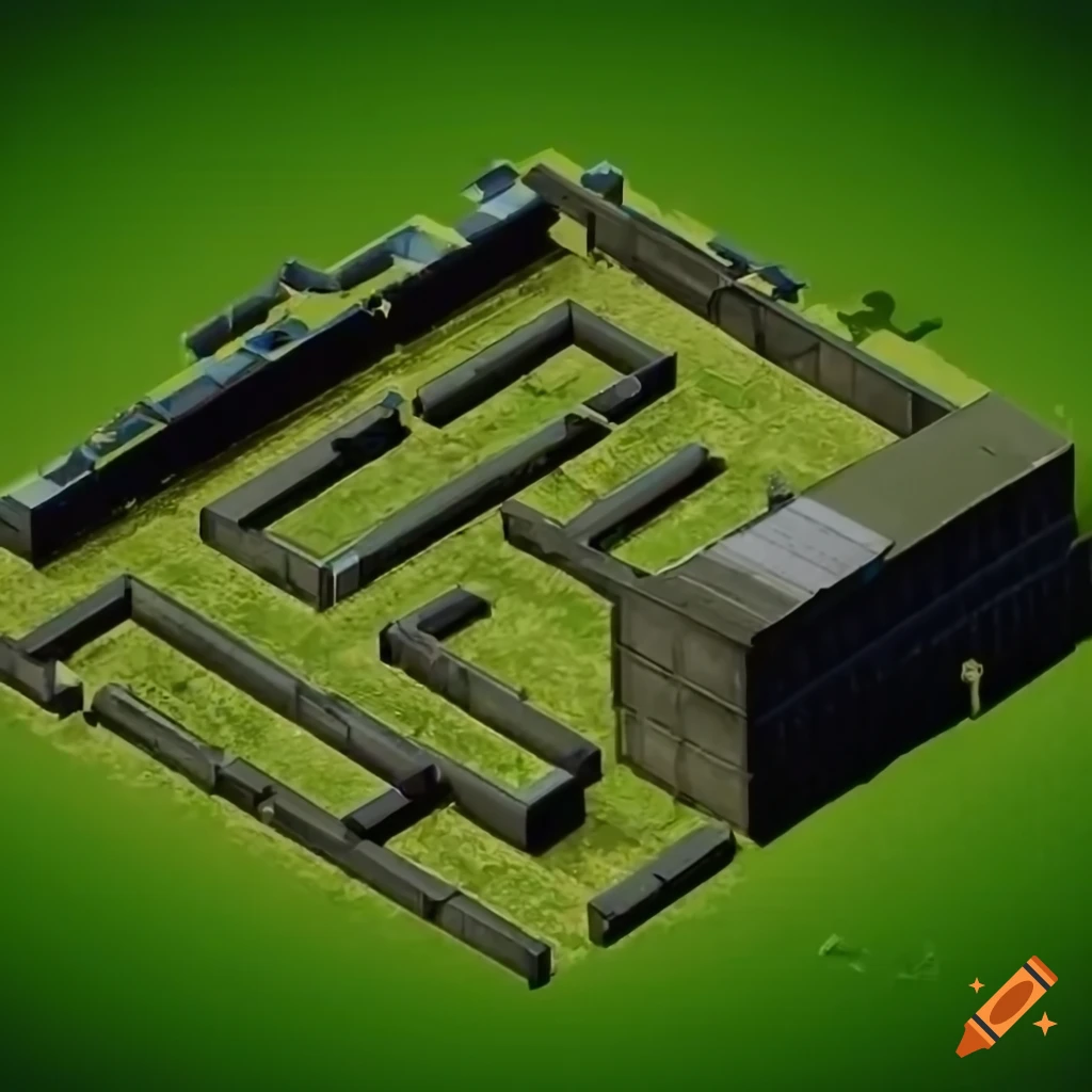 Isometric paintball field map with strategic container placement