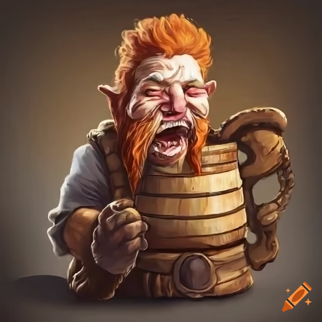 Laughing dwarf with ginger hair in a tavern drinking ale