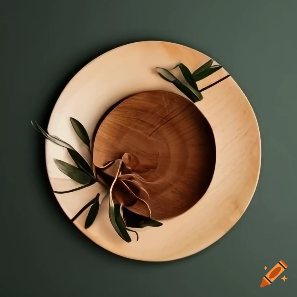 Elegant setup with white plate and wooden plate in olive tree