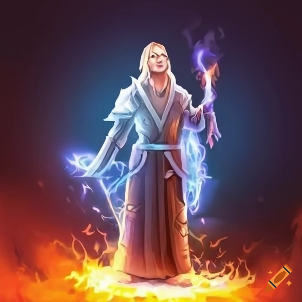 Male cleric wizard casting elemental magic surrounded by fire, ice, lightning, and water