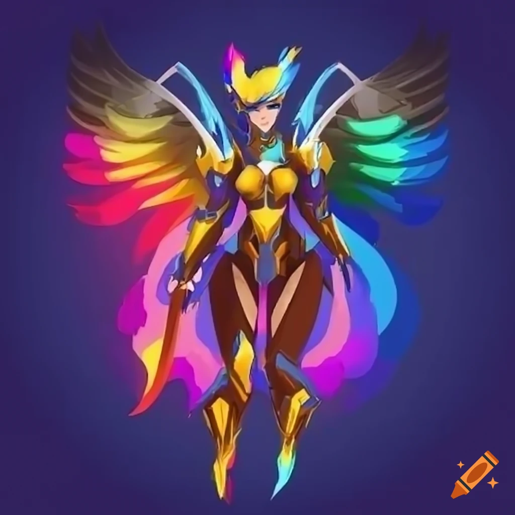 Stylized valkyrie power armor with rainbow plasma phoenix theme