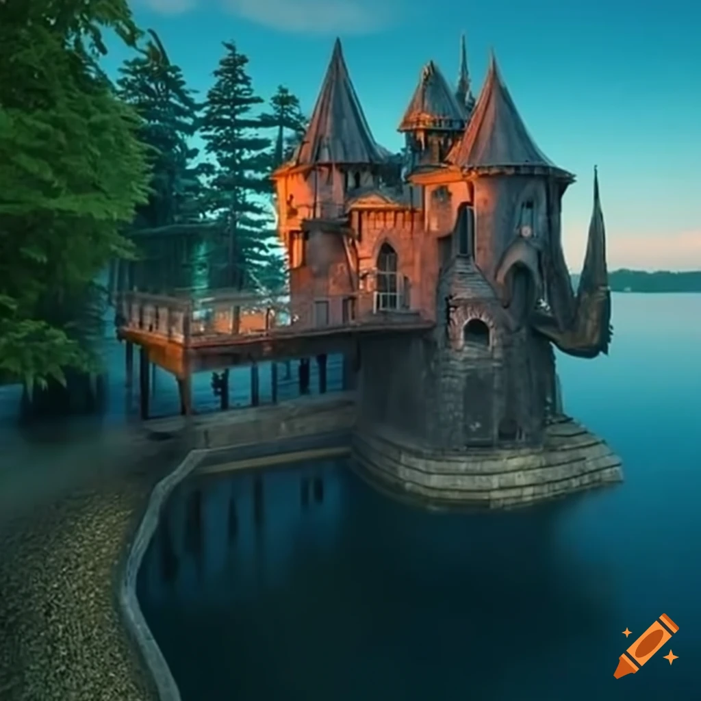 Treehouse castle in a massive tree on a lake island