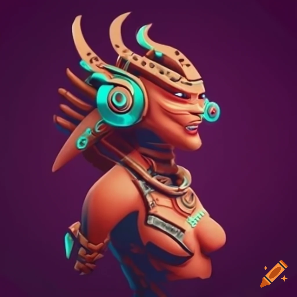 Stylized cyborg aztec shark blood valkyrie