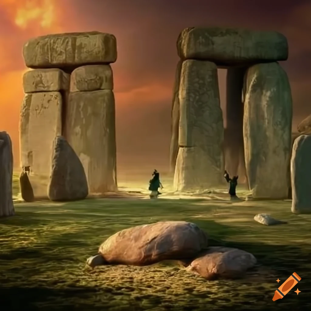 Garden of Eden with a massive stone megalith resembling Stonehenge