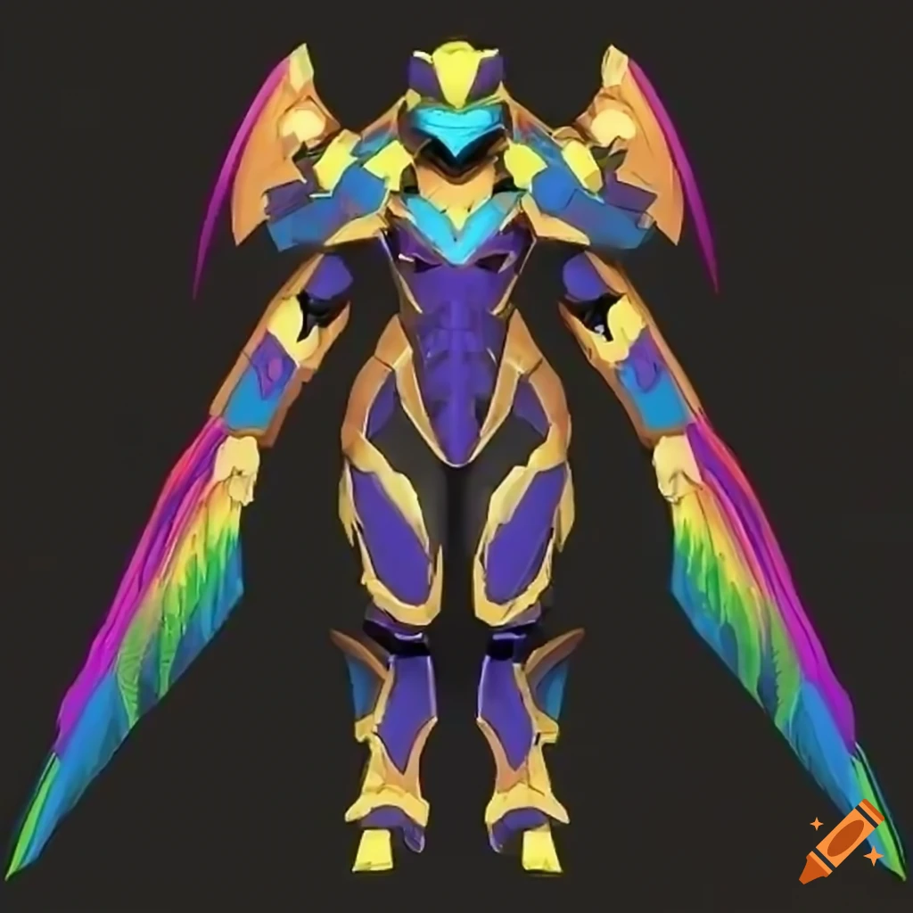 Stylized valkyrie power armor with a rainbow plasma phoenix theme