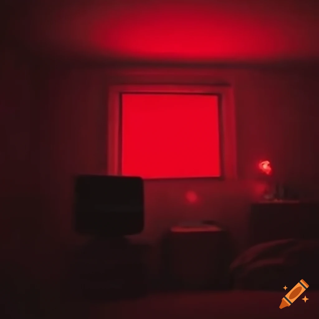 Dark liminal space with a red screen television in a bedroom