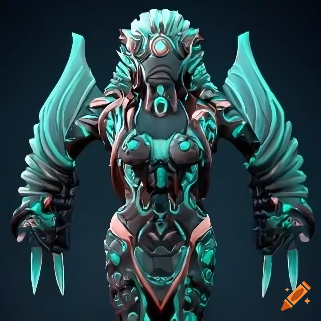 Stylized depiction of a cybernetic Aztec shark valkyrie