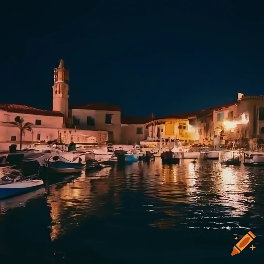 Fishing port in a Mediterranean village at evening with bars and restaurants