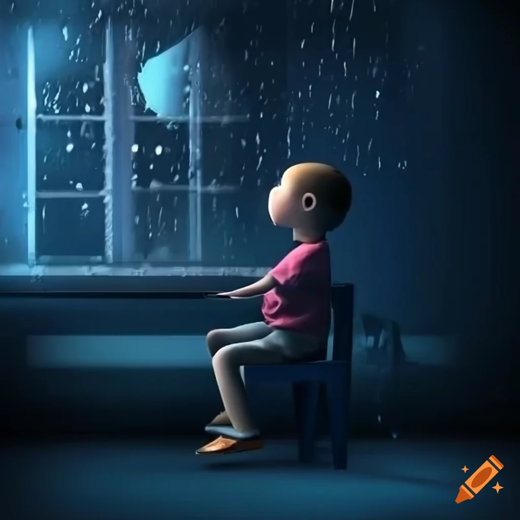 Boy sitting on a chair at night with rain outside the window in a 3D animation