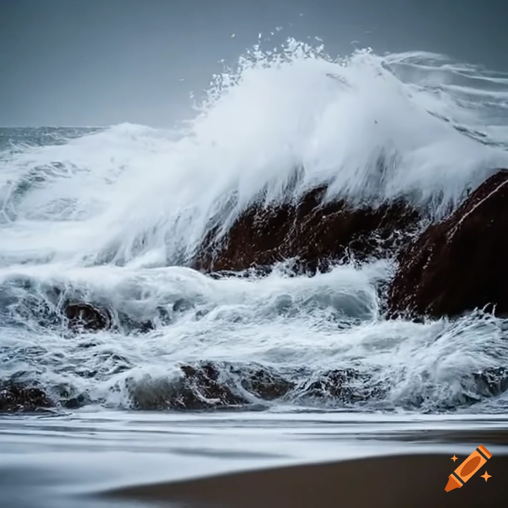 Stormy beach with towering waves and turbulent currents