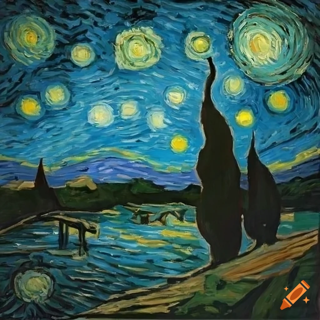 Impressive night scene in the style of Van Gogh depicting a tranquil natural landscape