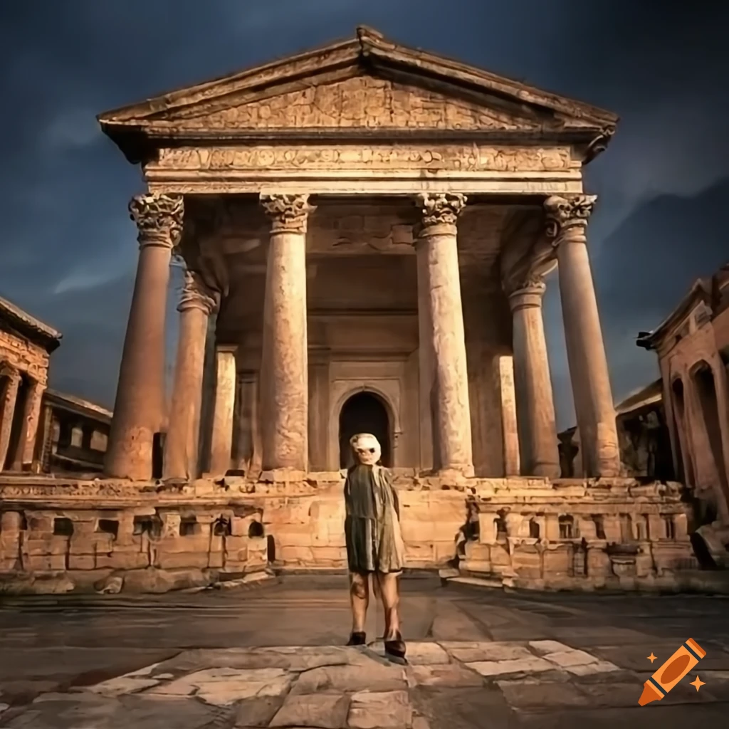 Roman imperator in front of an ancient building