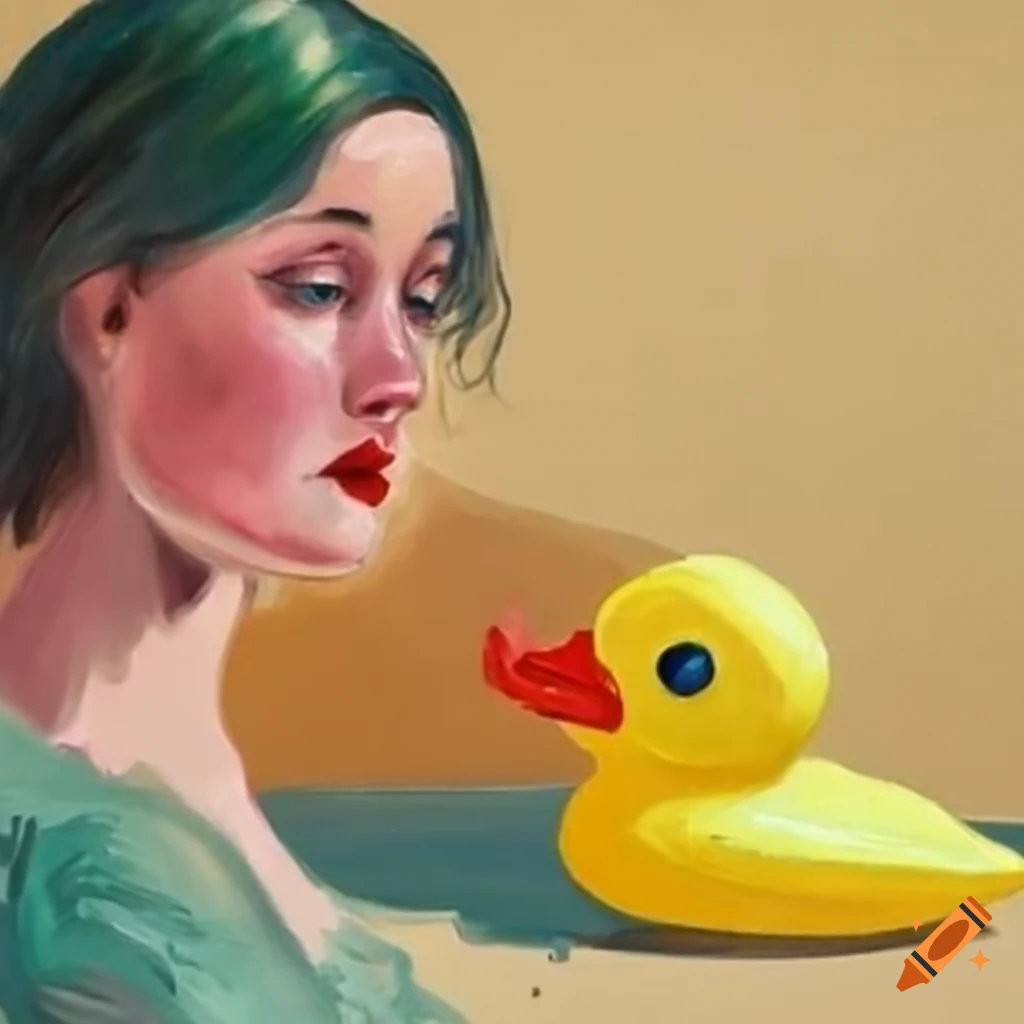1930s woman transforming into a rubber ducky in oil paints