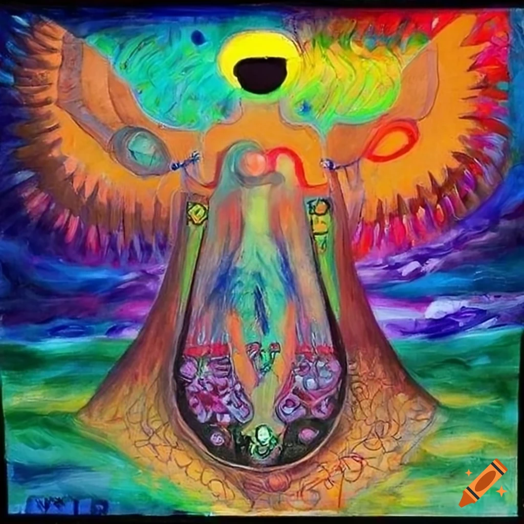 Surrealist painting depicting Carlos Castaneda and Don Juan Matus with Tapio