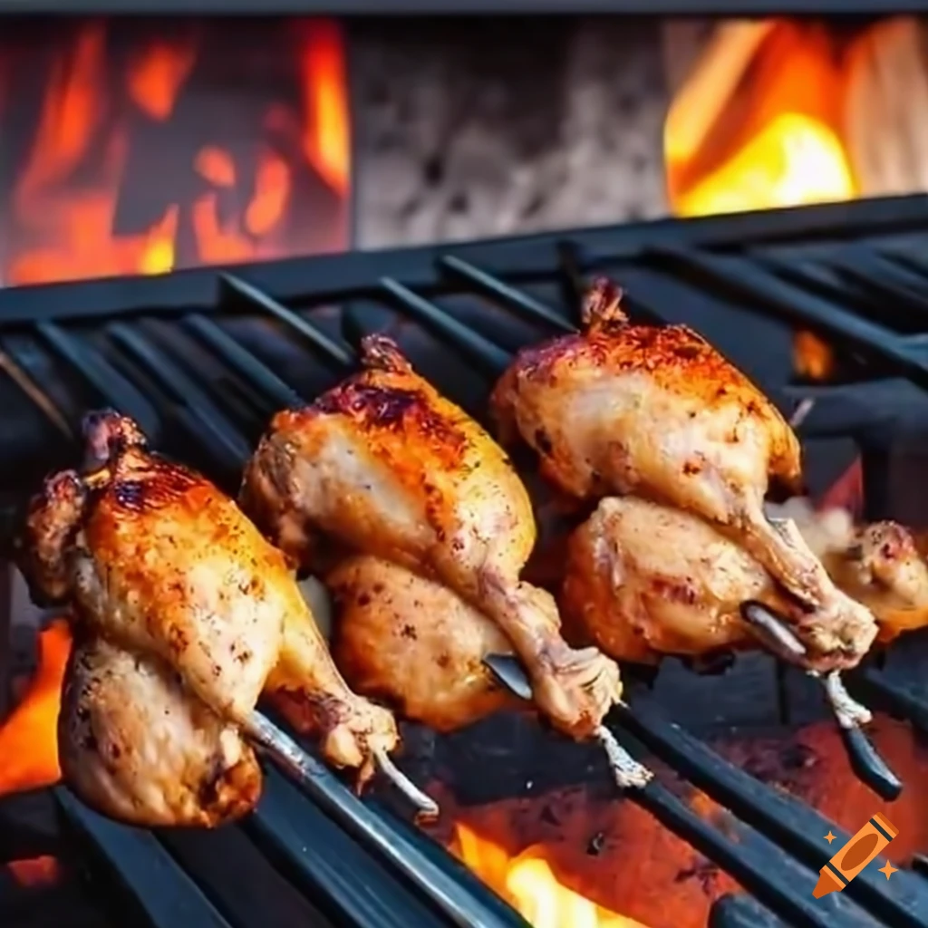 Rotisserie chickens cooking over flames
